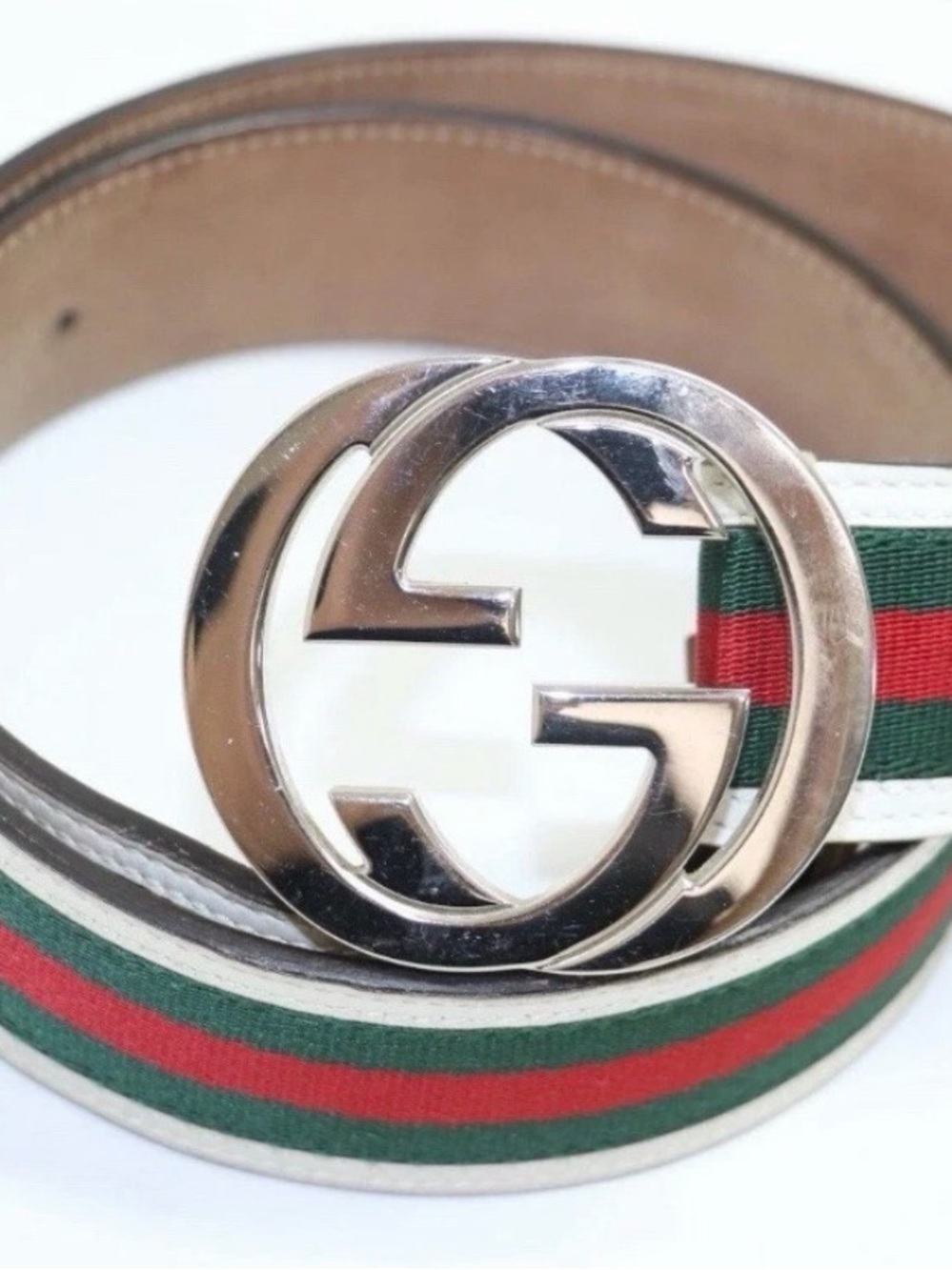 Gucci Red & Green Web Stripe Belt with White Trim and Silver GG Buckle - Picture 2 of 7